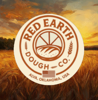 Red Earth Dough Co. logo over wheat field